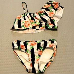 GB Girls Black White Pink Floral Bikini Sz 12